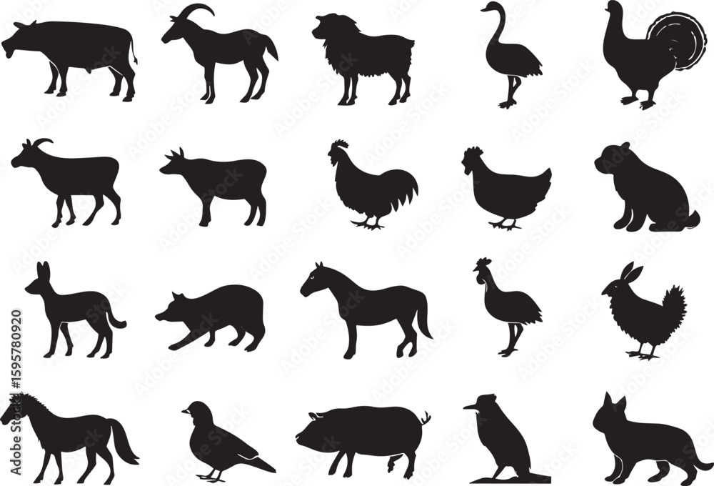 Obraz premium Farm Animal Silhouette Icons Set Premium Vector Collection