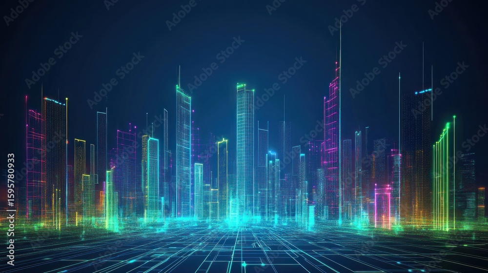 Fototapeta premium A high-tech abstract design with digital grids, circuit-like patterns, and glowing neon blue and green lines, evoking a futuristic tech landscape