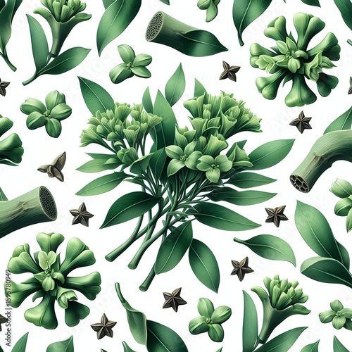 Elegant botanical arrangement featuring green flowers, leaves, and star anise on white background.