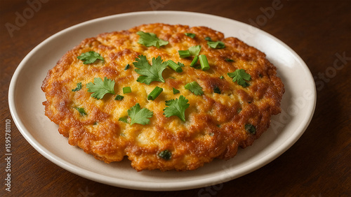 Golden crispy Thai omelette with fresh coriander on white plate