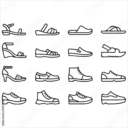 Minimalist footwear collection sneakers boots sandals vector icons