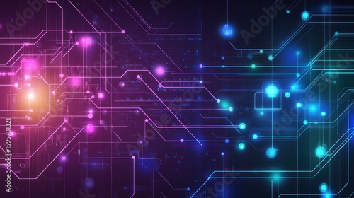A high-tech, digital-inspired abstract background featuring glowing lines, grids, and circuitry patterns in shades of neon blue, purple, and green, evoking a futuristic, technological feel