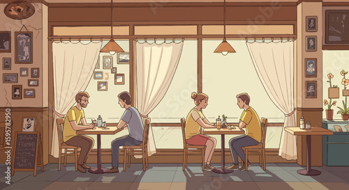 Cafe scene with people dining at tables