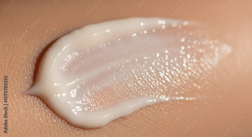 Fototapeta premium Close-up of a white, creamy lotion or moisturizer swatch spread on human skin, showing texture and sheen.