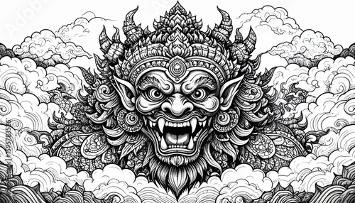 Intricate line drawing of a fearsome, ornate Yaksha deity amidst swirling clouds.