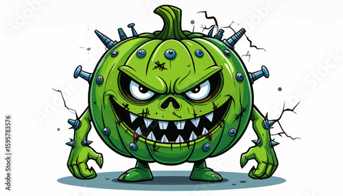 A menacing cartoon pumpkin character with a fierce expression and sharp teeth.
