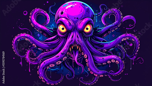 A vibrant, stylized octopus with glowing yellow eyes and purple tentacles against a dark, abstract background.