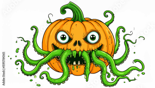 A monstrous Halloween pumpkin with tentacles, a spooky and unsettling illustration.