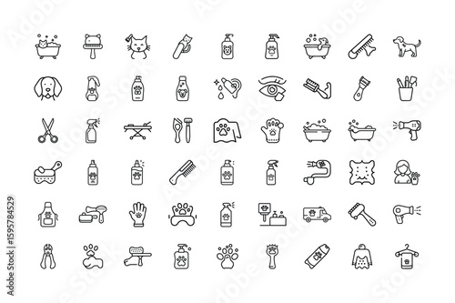 Pet Grooming Icons A Comprehensive Set of Essential Tools and Services for Animals