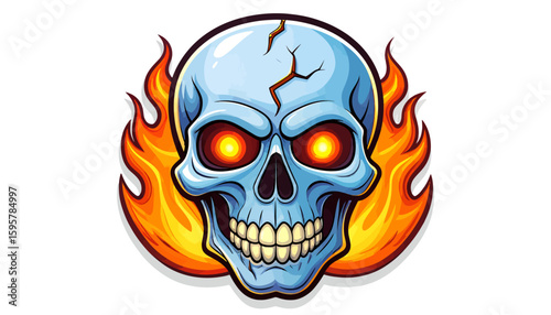 Cartoon skull with glowing orange eyes surrounded by stylized flames on a white background.