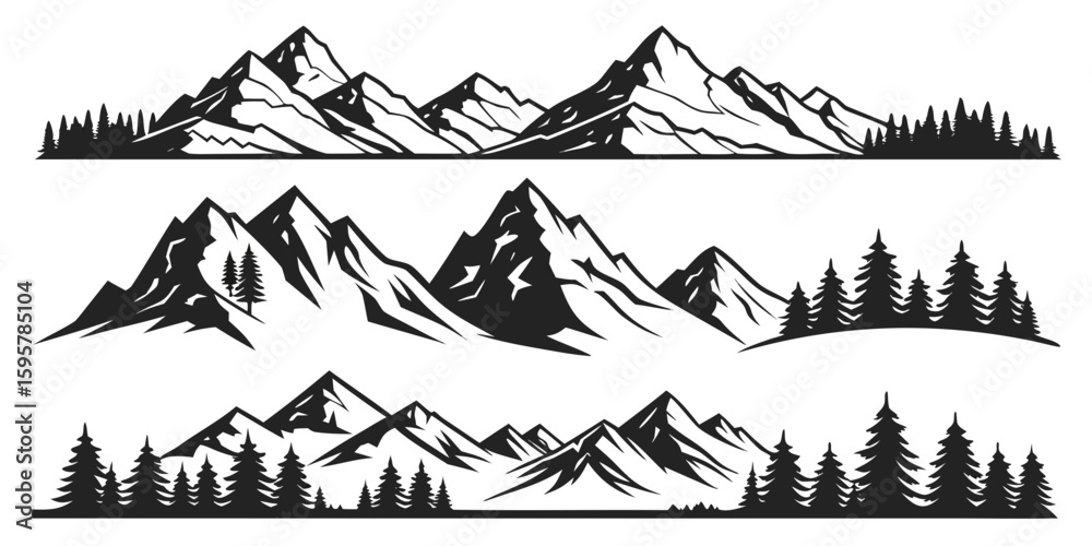 Fototapeta premium Black and white monochrome mountain range set with coniferous forest silhouettes for outdoor adventure and nature themed designs