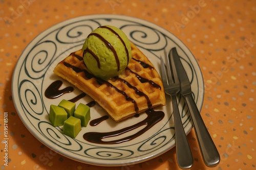 Bánh và kem-two triangular waffle pieces drizzled with chocolate sauce, topped with a scoop of green matcha ice cream. Next to the waffles are small cubes of fresh avocado