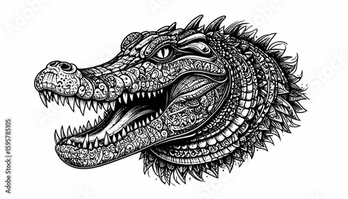 Detailed black and white illustration of a stylized crocodile head, ornate with intricate patterns.