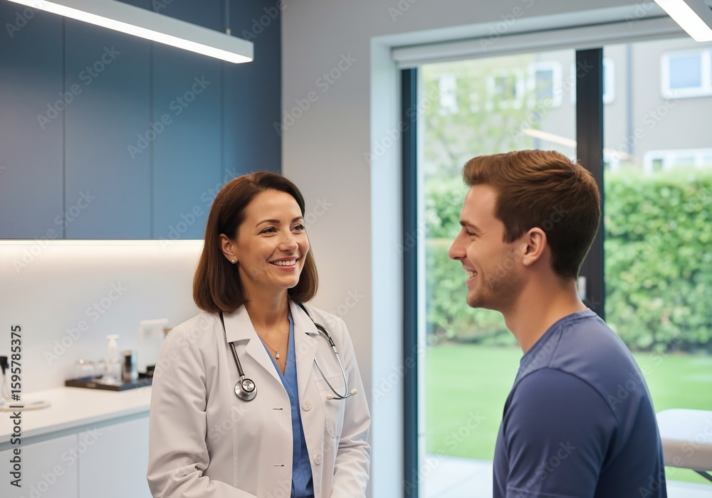 Fototapeta premium Friendly female doctor with a stethoscope consults with a smiling young male patient in a bright, modern medical office