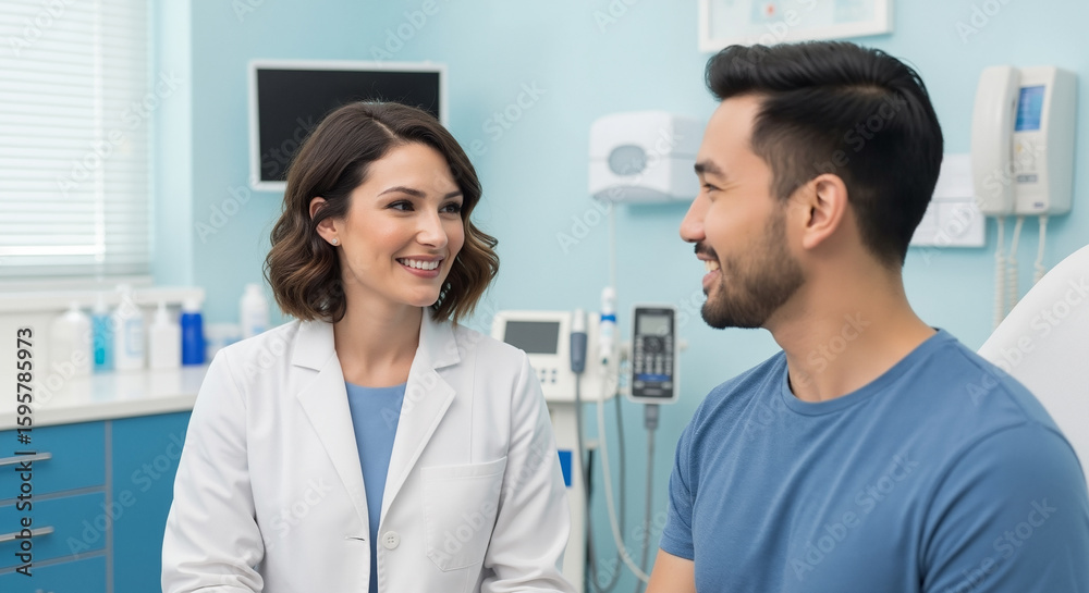 Obraz premium Friendly female doctor in a white lab coat consulting a smiling male patient in a modern clinic office