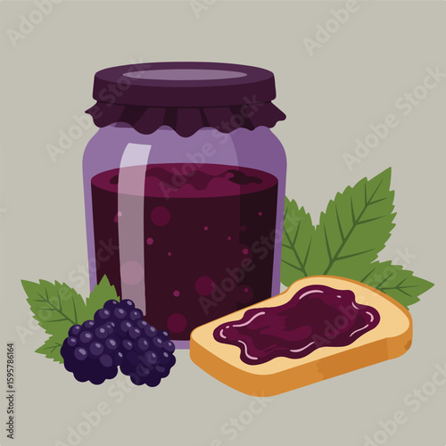 Cartoon illustration of a blackberry jam jar, blackberries, and jam on bread, on a gray background.