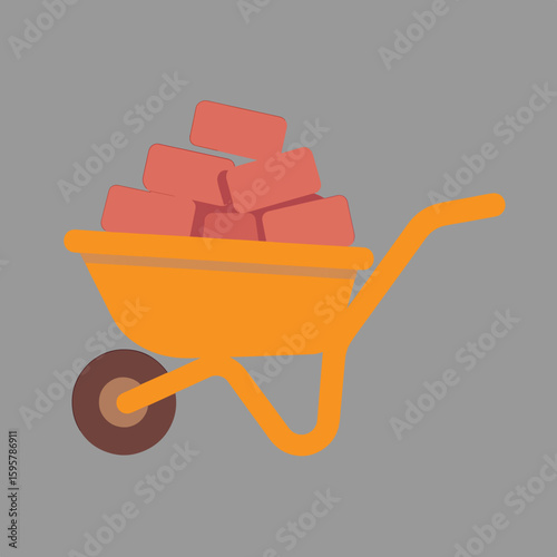 An illustration shows a yellow wheelbarrow overflowing with reddish-pink bricks on gray.