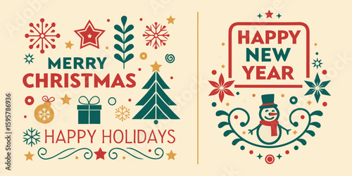 Festive holiday greetings with Merry Christmas, Happy Holidays, and Happy New Year with winter icons and cheerful snowman