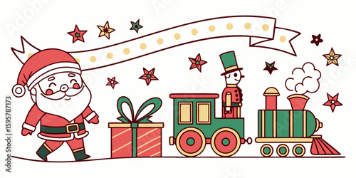 Festive holiday scene with Santa Claus, gift, toy soldier and train engine with banner for Christmas and winter season