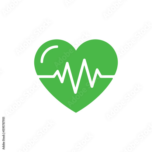 Green heart icon with heartbeat pulse line isolated on white background