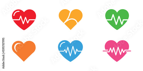 Collection of heart shapes with heart beat line, colorful, on white background