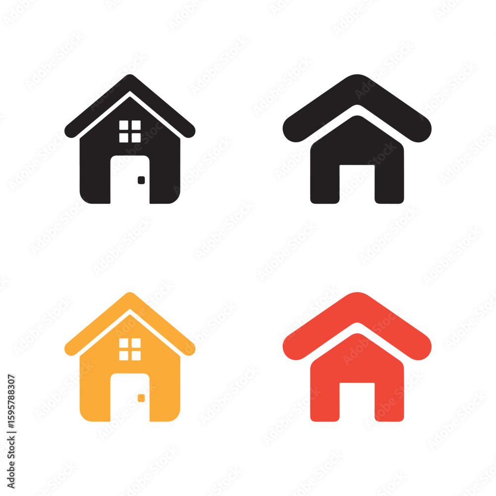 Four house icons in black, yellow, and red on a white background Four house icons in black, yellow, and red on a white background