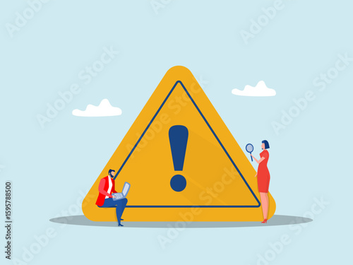 business  people with magnifier monitor and investigate incident with exclamation attention sign.root cause analysis or solving problem, identify risk or critical failure concept, vector