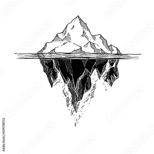 Monochrome iceberg illustration with detailed reflection. Vector retro hand drawn illustration Black outline tattoo flash.