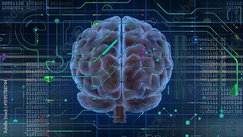 Animation of rotation human brain with flying data around. Animation of seamless loop. Artificial intelligence, data and cybersecurity with connection or science