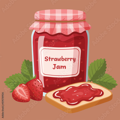 A cartoon illustration of a jar filled with strawberry jam, strawberries, and a slice of bread.