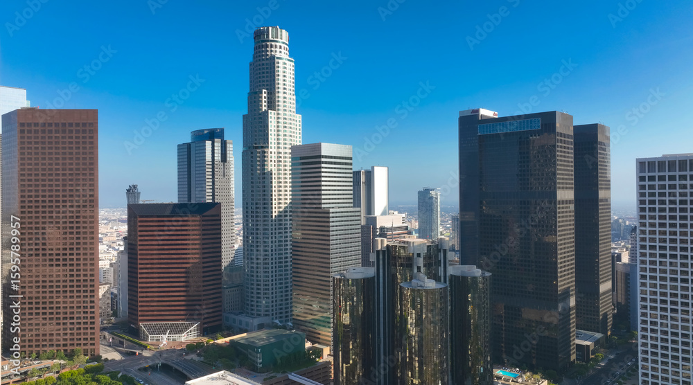Fototapeta premium Los Angeles city. LA downtown aerial view. Los Angeles skyline. LA streets. Los Angeles from a top view. Downtown towers of Los Angeles. Panoramic scene of LA skyline. American city in California.