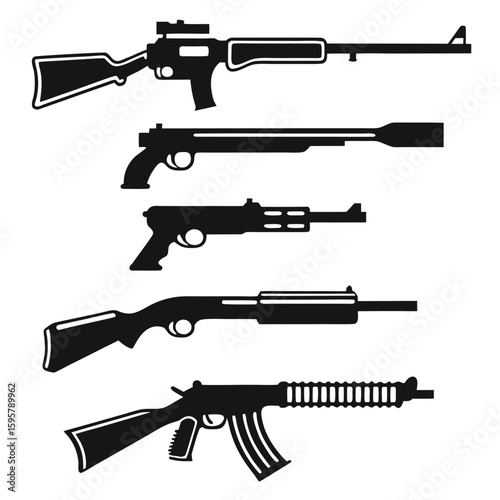 Collection of silhouetted firearms including rifles and shotguns set