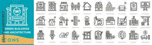 Green Buildings and Architecture Icon set. Sustainable Building Design, Energy Efficient Structure, Green Roof System, Solar Panel Installation, Natural Ventilation Flow and Eco Friendly Facade