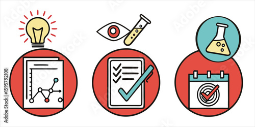 Creative icon set illustrating the workflow from idea generation and scientific research to data analysis, project planning, and achieving business targets and goals.