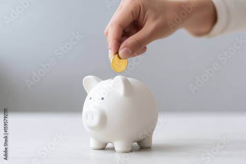 A person saving money by placing a coin into a piggy bank. Perfect for finance, investment, and personal savings concepts.