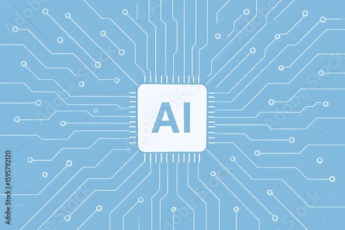 AI 회로 패턴을 형상화한 추상 일러스트, 파란 전자 배경과 정보 흐름을 표현한 현대적인 디지털 테크 브러시 구성
