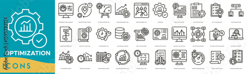 Optimization icon set. Performance Tuning Dashboard, Resource Efficiency Tracker, Optimization Strategy Map, Process Improvement Chart, Speed Enhancement Tool and Optimization