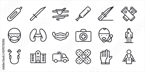 Medical and emergency services thin line icon set, including symbols for hospital, ambulance, surgery, first aid, and personal protective equipment for healthcare concepts.