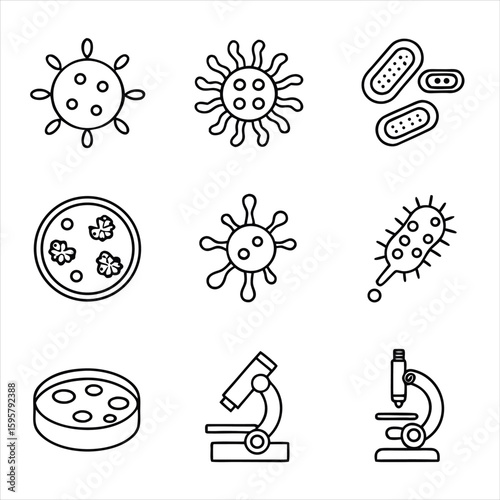 Microbiology and virology research thin line icon set featuring various bacteria, germs, and virus cells with laboratory equipment like petri dishes and microscopes for scientific study.
