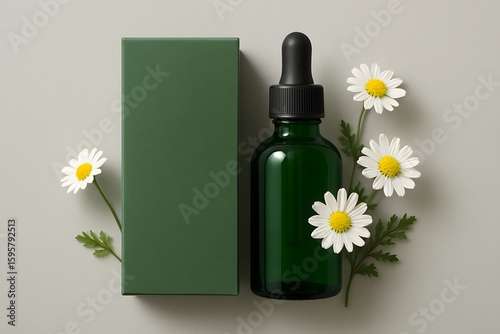 자연 유래 화장품병과 데이지 꽃, 웰니스와 천연 케어를 상징하는 내추럴 뷰티 브랜드용 연출 이미지
