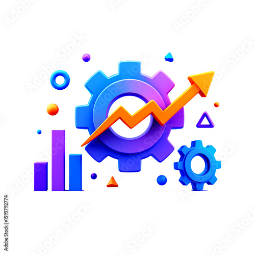 Interlocked Gears with Bar Chart and Upward Red Arrow — Concept Illustration Depicting Operational Efficiency, Business Growth, and Data-Driven Strategy