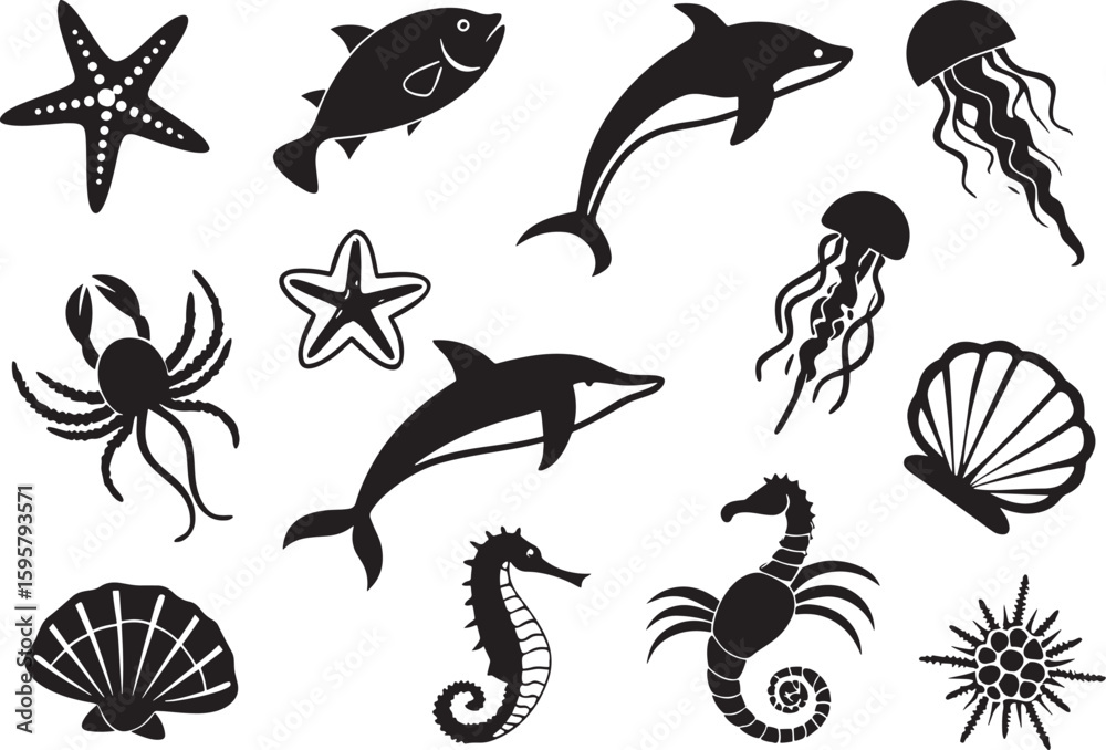 Fototapeta premium Sea Creatures Silhouette Bundle Ocean Animal Vector Pack