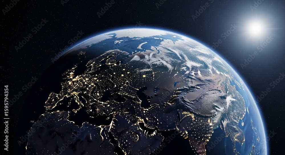 Obraz premium Earth at Night: Illuminated Continents, Space View, Global Perspective.
