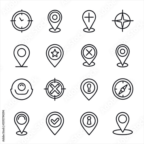 Map navigation and location targeting line icon set with GPS pin, compass, and destination marker symbols for app UI

