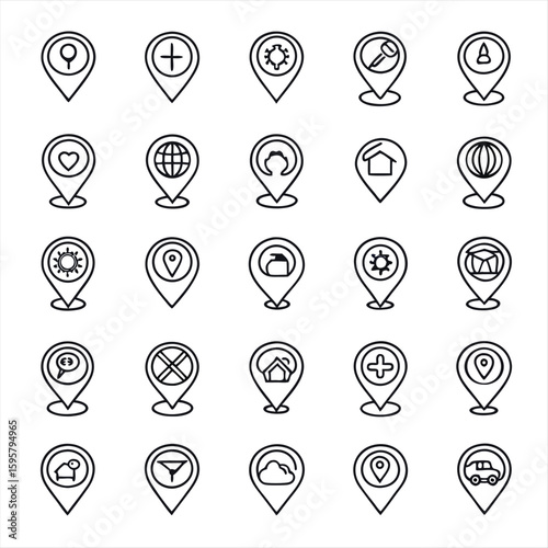 Map location pointer and GPS navigation line icon set with universal symbols for points of interest on a digital guide
