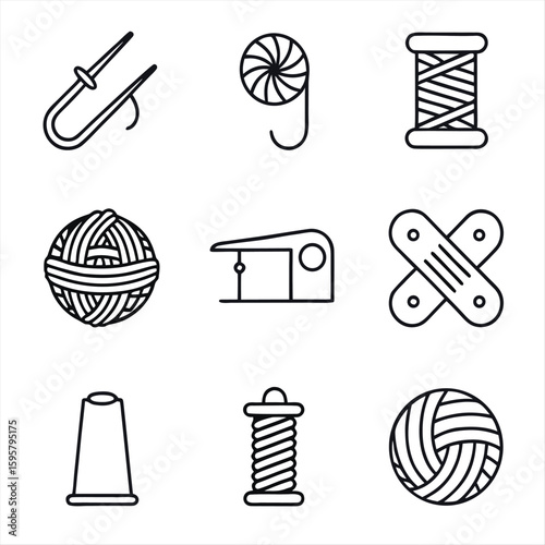 Sewing and needlecraft line icon set with thread spool, yarn ball, sewing machine foot, and thimble symbols
