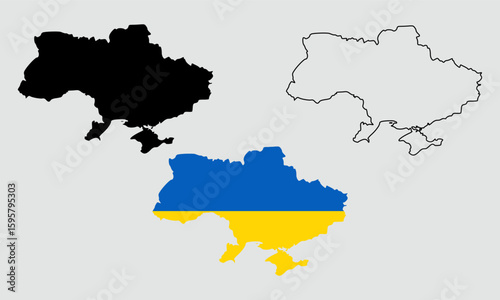Ukraine map in outline style, black color, color of country flag version.	