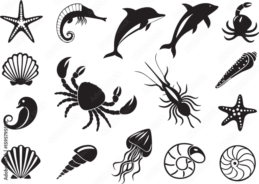 Obraz premium Sea Creatures Silhouette Bundle Ocean Animal Vector Pack