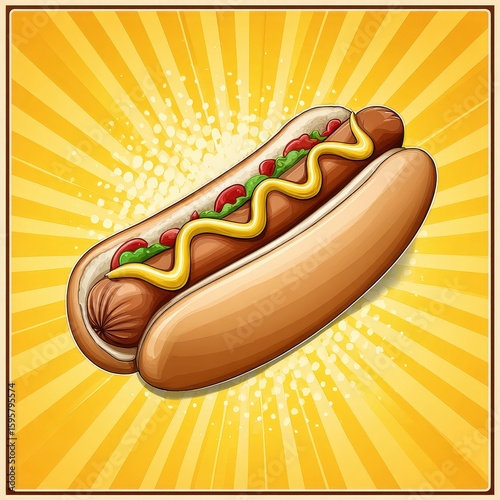 Illustration of a hot dog with mustard ketchup relish in a bun on vibrant yellow background with sunburst pattern