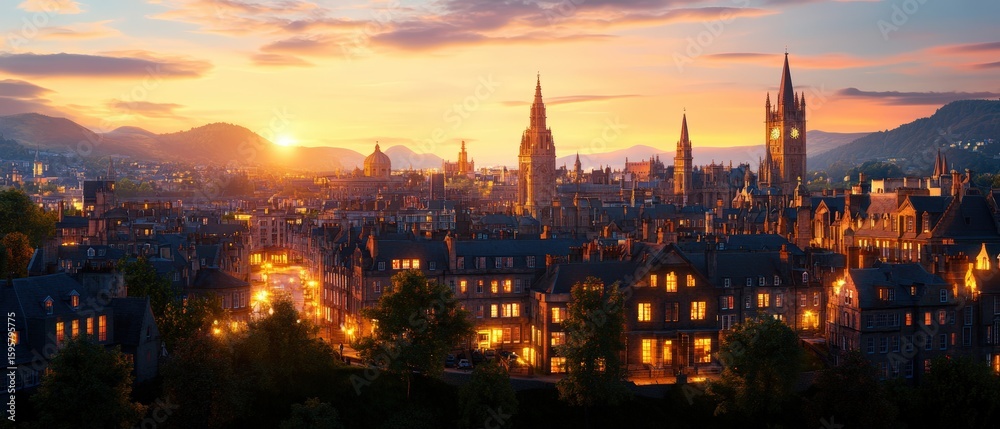 Obraz premium Breathtaking sunset over historic cityscape with iconic architecture and vibrant sky illumination
